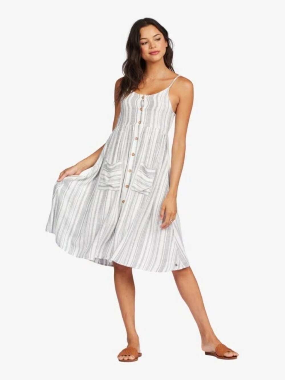 ROXY Oceanside Vertical Stripe Front Pocket Button-Up Smocked Tank Dress, Size M